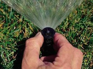 Mark adjusts a pop-up sprinkler head by hand in Annandale, Virginia